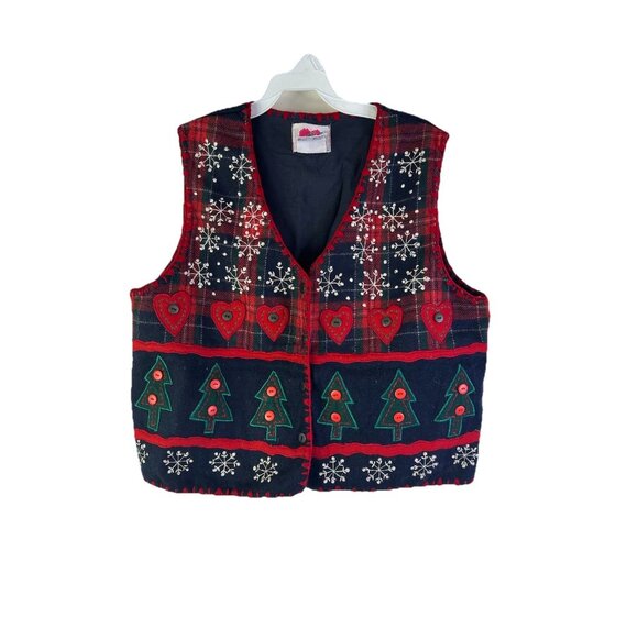 Vintage 90s Wool Hearts Snowy Trees Cardigan Sweater Vest Country - Picture 1 of 7